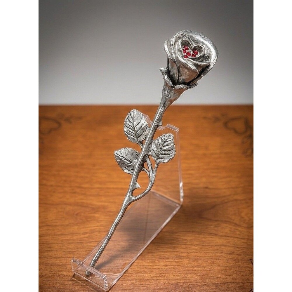 Danforth pewter or silver-plated rose figurine with red heart crystals